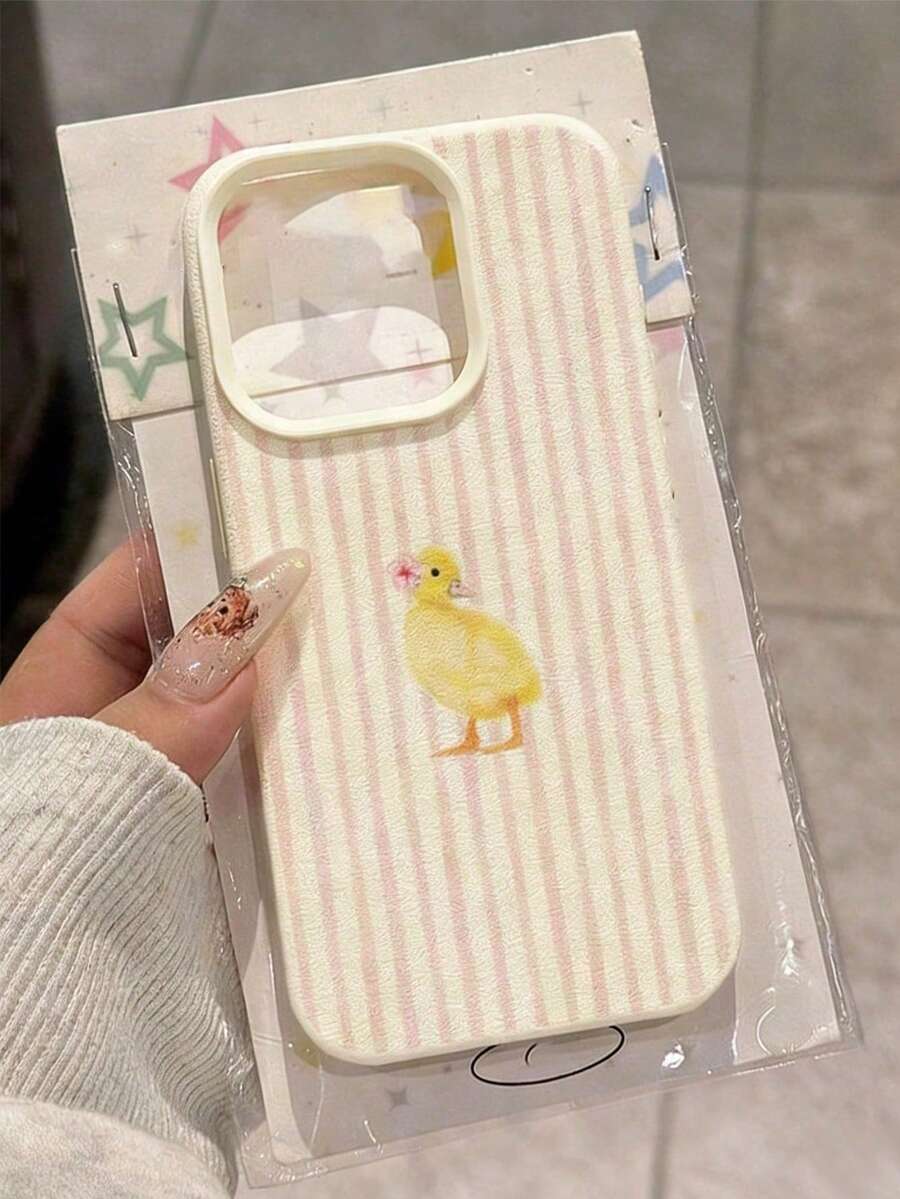1 pieza Funda de teléfono de material TPU con diseño minimalista de rayas rosas, flores y patitos, antideslizante, a prueba de golpes, ligera y duradera, compatible con iPhone17 Pro Max/17Pro/17/16 Pro Max/16Pro/16/15/13/12/11, protección suave y resistente a caídas - Beis - Ver 1