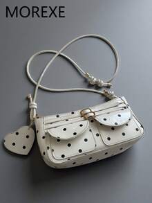 Bolso de mujer de moda, bolso baguette de lunares, bolso de hombro versátil para ir al trabajo, bolso cruzado, bolso de mano con colgante con forma de corazón elegante - Blanco - Ver 6
