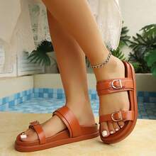 Sommer Schnallen Slip-On Sandalen, Casual Minimalistisch geeignet für Urlaub am Strand, Slip-On leicht bequeme einfarbige Mule Sandalen - Braun - Übersicht 4