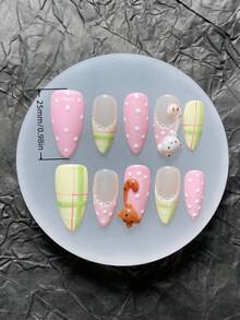 10件手工美甲貼片，可愛極簡風，法式風格，手繪蕾絲邊，杏仁形指甲、橢圓形指甲、短指甲，甜粉色波點美甲，附3D貓咪裝飾，搭配綠色格紋與蕾絲細節，夏季手工穿戴式美甲 - 彩色 - 查看 4