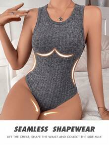 女士内衣，性感连体裤，无缝塑身腰部设计，无袖圆领连体裤 - 黑色 - 查看 5