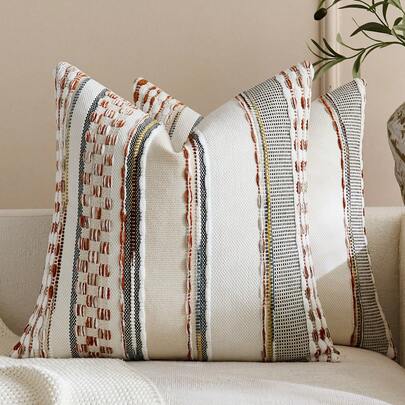 1pc Striped Textured Boho Throw Pillow Covers Aesthetic Woven Decorative Pillow Case For Couch Bed Sofa Bedroom Modern Funky 18 X 18-Inch Outdoor