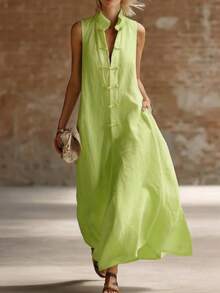 2026 New European And American Fashion Stand Collar Frog Button Loose Linen Cotton Long Dress - Sky Blue - View 3