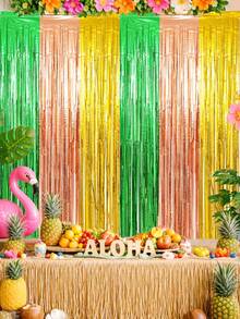 2pcs Pink, Green, Gold Fringe Curtain, Hawaiian Theme Tassel Curtain, Hawaiian Theme Party Backdrop Decoration, Hanging Decor, Summer Party Supplies, Photo Booth Props, Suitable For Birthday, Wedding, Bridal, Baby Shower, Anniversary, Summer Decor, Room, Home - Multicolor - View 6
