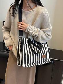 Túi đeo vai đa năng kẻ sọc dọc Hevel, ví/túi xách nữ, túi tote/túi xách tay vải canvas nhiều ngăn dung tích lớn, túi tote/túi đeo chéo vai nhẹ nhàng, ba lô/túi đựng laptop cho học sinh, ba lô thể thao đơn giản, nhiều ngăn nhiều túi, ba lô, xách tay, dung tích lớn, phù hợp cho nữ sinh trung học và sinh viên đại học, thích hợp cho nữ sinh trung học và sinh viên đại học, đi nghỉ mát, túi tote, đồ dùng cần thiết cho sinh viên đại học, kỳ nghỉ, du lịch - màu đen - Xem 4