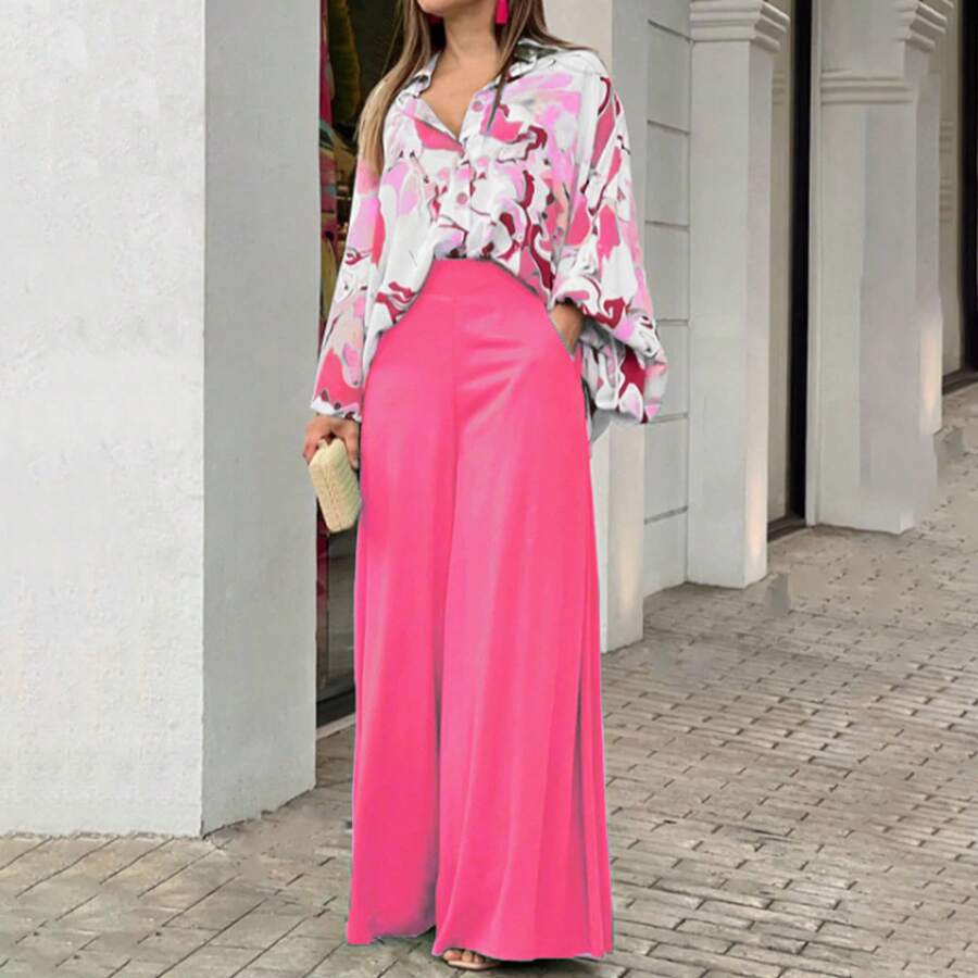 2026 Spring New Women's Casual Sports Suit Fashionable Printed Shirt And Wide-Leg Pants Set - 粉色 - 查看 1