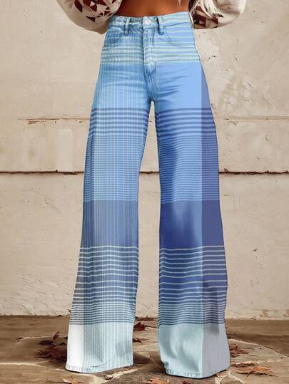 Blue Plaid Wide Leg Pants High Waist Straight Fit Casual Trousers For Women