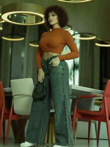 Calça Jeans Feminina Wide Leg Grafite Pantalona Boca Larga Sem Lycra Premium Boca de Sino Verão Elegante Sofisticada Tam 36 ao 52 - Chumbo - Visão 4