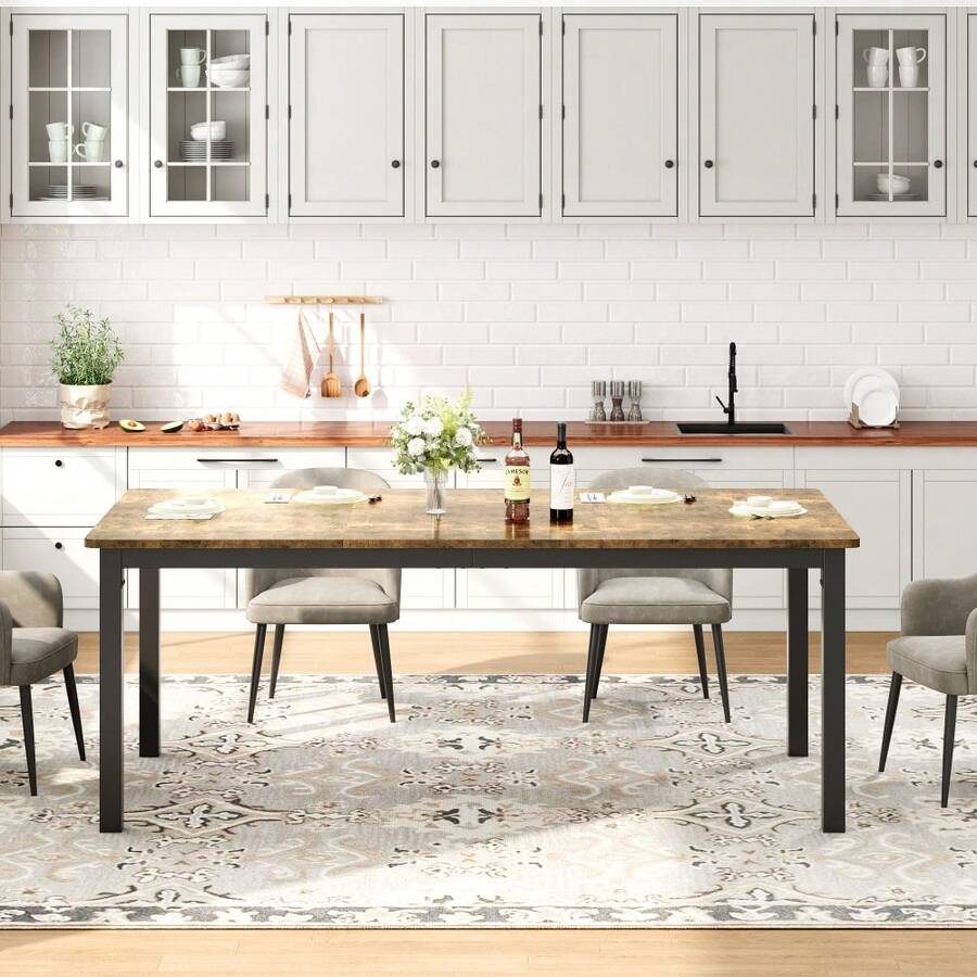 Mesa de comedor industrial para 6-8 personas – Mesa larga rectangular de madera – Diseño de ensamblaje de mortaja y espiga – Patas de metal resistentes – Esquinas redondeadas – Para cocina o comedor moderno – Escritorio para oficina en casa – Estilo rústico vintage - Color retro - Ver 1