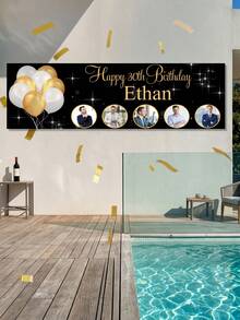 1 Stück personalisiertes schwarzes & goldenes Geburtstagsbanner, personalisierte Fotocollage, Name, Alter, glänzender Sternenhintergrund, Meilenstein 30/40/50 Geburtstagsdekoration für Frauen & Männer, Alles Gute zum Geburtstag Banner - Schwarz 1 - Übersicht 5