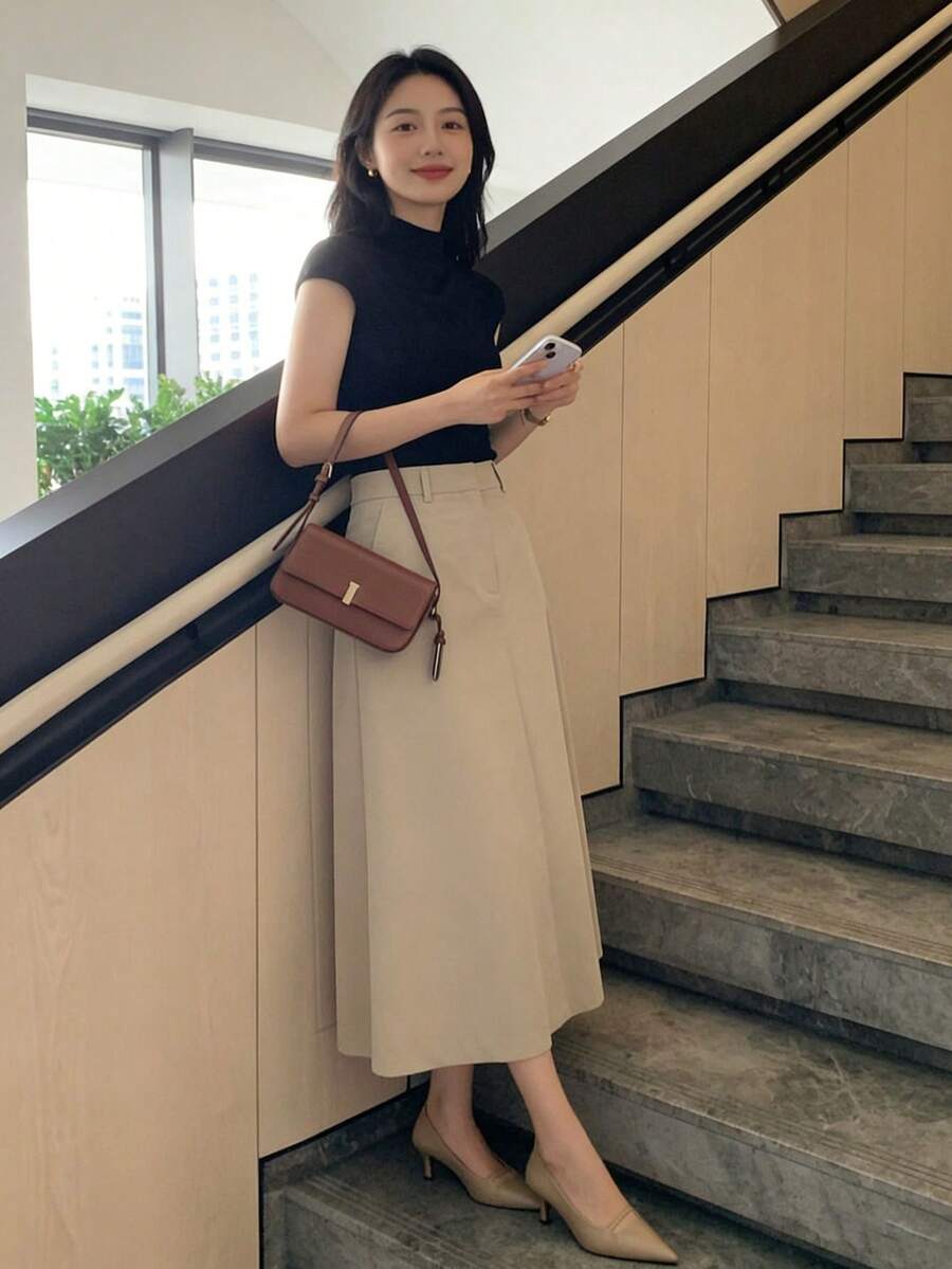 女士高腰A字裙，优雅时尚，办公室Y2K风格，舒适百搭 - 卡其色 - 查看 1
