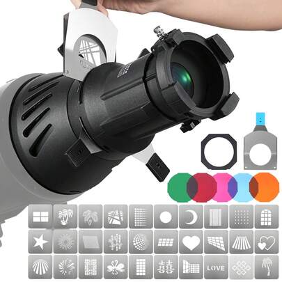 Eonix Bộ điều chỉnh chùm tia quang học chuyên nghiệp ngàm Bowens - 5 bộ lọc màu, 30 kiểu gobo, cửa chắn sáng 4 chiều - Cửa chắn sáng có thể điều chỉnh, thích hợp cho chụp ảnh, quay phim và hiệu ứng sân khấu.