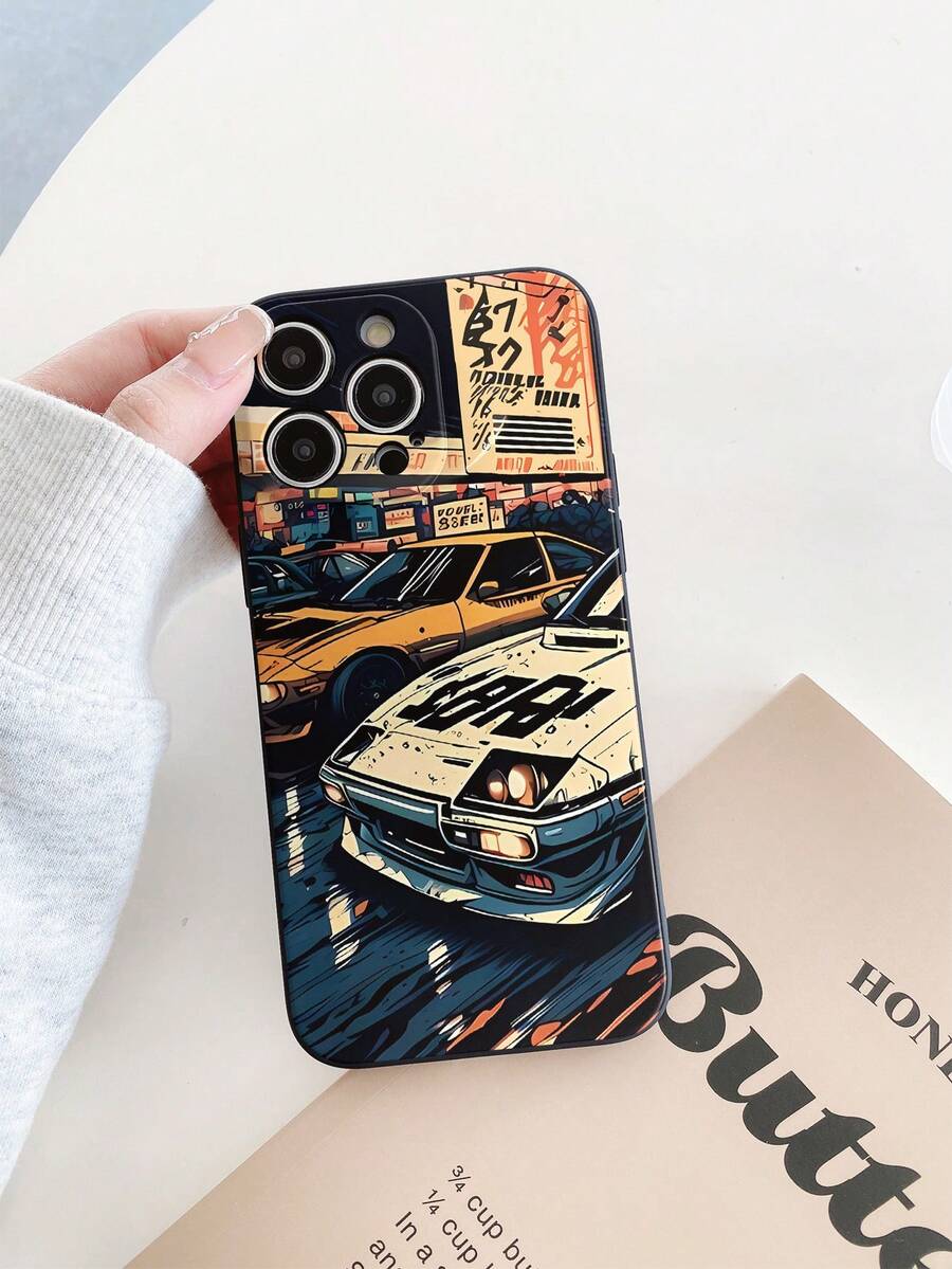 Compatible With Apple 17, 16, 15, 14, 13, 12, 11 Pro Max Series, Cool Cartoon Racing Car Pattern Design Colorful Straight Edge TPU Phone Case, Anti-Drop, Portable - Black - View 1