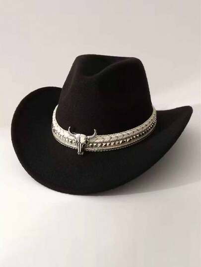 1 Halloween Western Cowboy Hat, Lightweight And Comfortable Felt Hat, With Detachable Cow Bone Decorative Band, Suitable For Back-To-School Season, Christmas Parties, Outdoor Activities, Themed Festivals And Other Occasions, Durable.