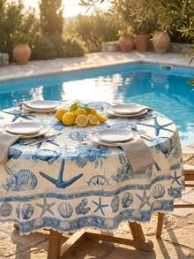 1pc-Vintage Nautical Shell Tablecloth, Waterproof Stain Resistant Polyester Table Cover With Starfish Print, Lace Trim, Ideal For Summer Party, Pool Party, Beach Gathering, Patio Dining And Indoor Outdoor Home Decor - Multicolor - View 4
