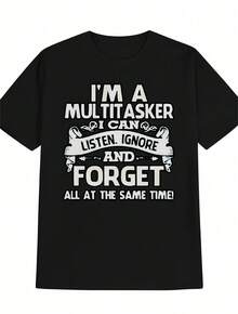 1pc Man's Funny Quote Print Black TShirt, Crew Neck, Casual Cotton Tee, Medium Stretch Knit Fabric, Regular Fit For Boys & Man, Perfect For Spring/Summer/Fall - Black - View 1