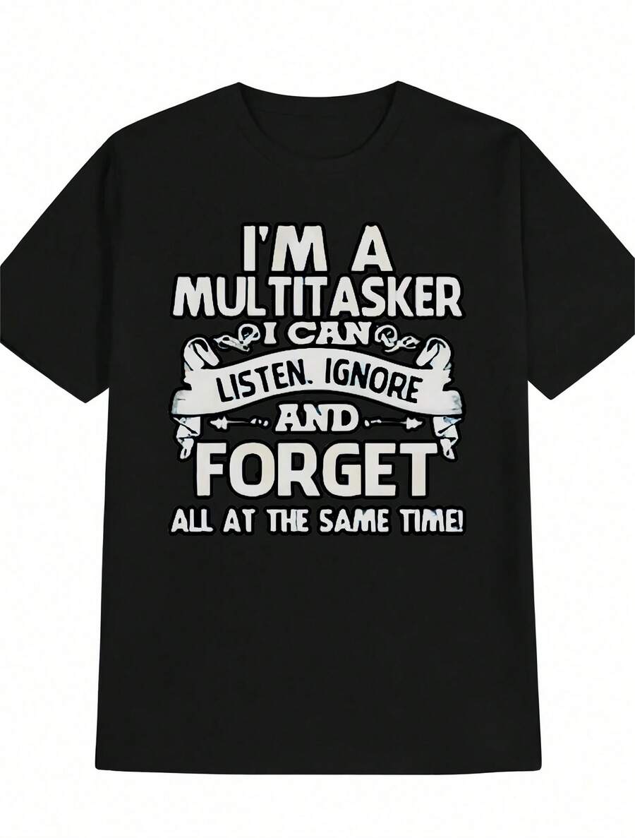1pc Man's Funny Quote Print Black TShirt, Crew Neck, Casual Cotton Tee, Medium Stretch Knit Fabric, Regular Fit For Boys & Man, Perfect For Spring/Summer/Fall - Black - View 1