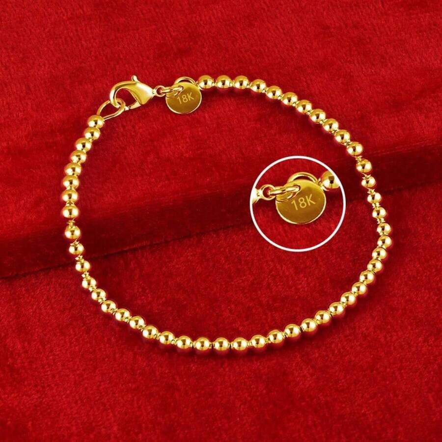 1pc 925 Sterling Silver 18K Gold Plated 4mm Beaded Chain Bracelet, Suitable For Men And Women, Fashionable And Charming, Birthda - như hình - Xem 1