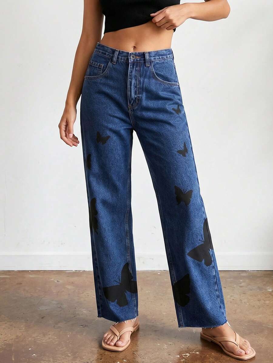 Women's Butterfly Print Straight Leg Jeans - Raw Hem Ankle Denim Pants With 5-Pocket Design For Feminine Streetwear Style (Comfortable Cropped Fit) - Dark Wash - View 1