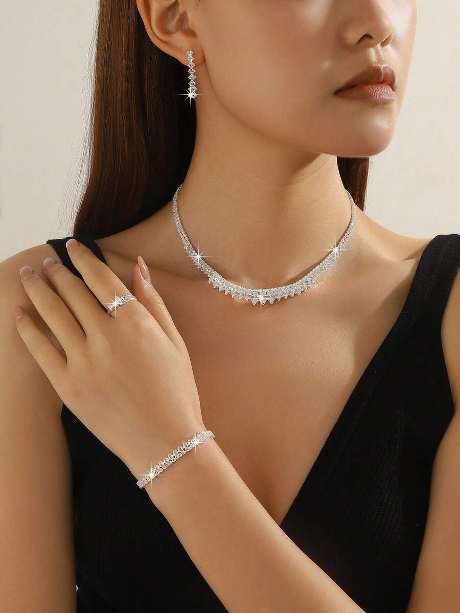 5pcs Luxury Rhinestone Jewelry Set Including Necklace, Earrings, Bracelet And Ring, Suitable For Women's Daily Commute, Wedding, Party And Holiday Gifts - Multicolor - View 1