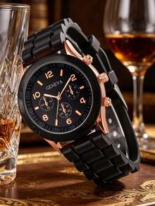 6pcs Women's Watch Set, Elegant & Fashionable, High-End Black Silicone Strap Watch With 4 Rhinestone Embellished Jewelry Accessories Including Necklace, Bracelet, Earrings And Ring, Suitable For Various Occasions And Daily Wear - Black - View 2