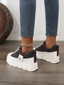 女士新款秋季厚底厚底运动鞋，休闲百搭皮革厚底运动鞋，运动跑步鞋 - 棕色 - 查看 8