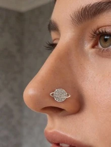 Pendientes de nariz de diseño de estrella, planeta y cometa de cobre con circonita cúbica, anillos de nariz falsos plateados en plata sin perforación, joyería de Body de moda tipo abrazadera para la nariz para mujeres - Plateado - Ver 13