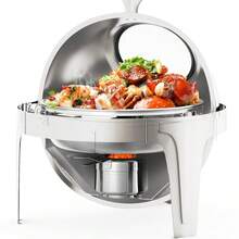 Juego de buffet de bandeja redonda de acero inoxidable superior con tapa enrollable y ventana de vidrio – Calentador de alimentos de tamaño completo de 6.3 QT para catering, fiestas, banquetes, servidor de buffet portátil, color plateado. - color original del acero inoxidable - Ver 3