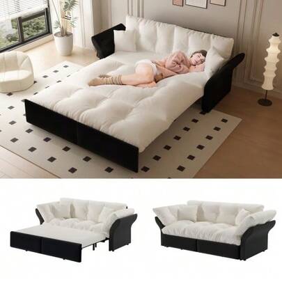 190 Cm Queen-Size Sofa, 3-In-1 Convertible Sofa With Tufting And 2 White Kisses, Multifunctional Velvet Sofa, Beige/Weiß