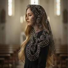 Vintage Gothic Black Lace Headscarf, Heavy Industry Silver Thread Embroidery Spanish Veil, Halloween Church Service Bridal Headgear Religious Prayer Church Lace Embroidery Flowers - 黑銀色 - 查看 3