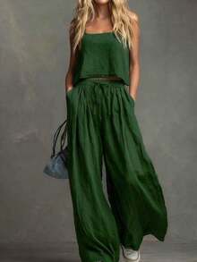 Fashionable Women's Solid Color Casual Cotton-Linen Camisole Top And Wide-Leg Pants Set - 綠色 - 查看 8