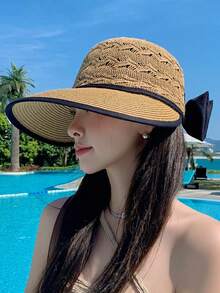 1顶女士夏季遮阳帽，时尚简约宽檐帽，百搭蝴蝶结装饰，适合夏季防晒、海滩、旅行 - MZ1074 - 查看 16