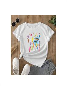 Camiseta de verano de algodón de talla grande para mujer. Talla unisex. Camiseta casual de verano para mujer YOCASA con cuello redondo, manga corta ajustada y estampado de pintura al óleo, flores, corazones, cerezas y letras. Tela sencilla y casual, estilo deportivo, ideal para uso diario y citas de San Valentín. 1 pc,  Pure Heavy, 95% Polyester 5% SpandexMaterial absorbente del sudor, suave y agradable para la piel. - Blanco - Ver 3