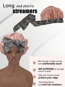 1pc Satin Sleep Cap With Elastic Drawstring And Adjustable Tie, Extra Large Size Suitable For Long Curly Hair & Braids, Random Print Pattern - Black - NPSM63 - View 6