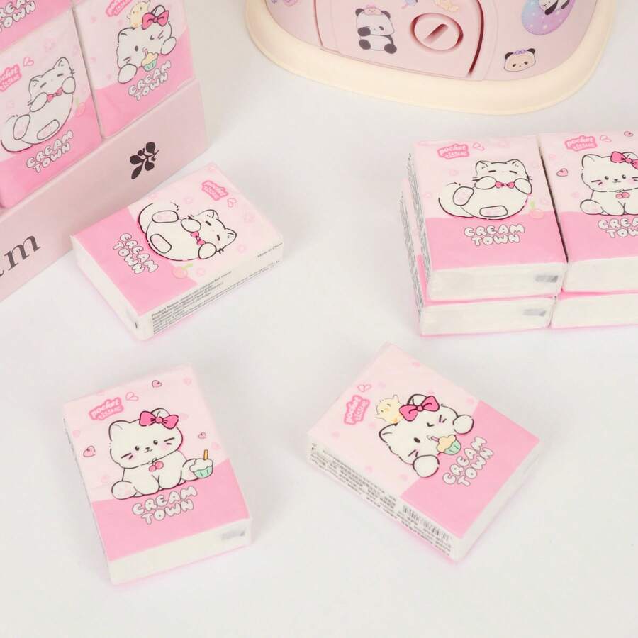 Portable Handkerchief Paper Pack, Wet Wipe Facial Tissue, Cute Cartoon Tissue Paper For Students - 9 Packs Of Pink Cats - View 1