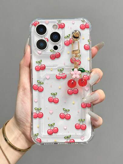 Cherry Painted Transparent Square Card Holder Multifunctional Wallet With Cherry Pendant Accessory, Thick Anti-Drop Phone Protective Case Compatible With IPhone 17/17 Pro/17 Pro Max, 16/11/16 Pro/16 Plus/16 Pro Max/16e, 15 Pro Max, 13/14/12/XS/XR/7G/8P, And Galaxy S25/S25 Plus/S25 Ultra, A16/A36/A26/A56/A50/A12/A32/A52/A72/A51/A21S/A13/A14, S24/S24 Plus/S24 Ultra, S20/S23/S22, A53, S20 FE, S26