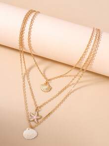 3 piezas Collar de múltiples capas con conchas y estrellas de mar de moda para el verano, collar gargantilla de uso diario para mujeres - conchas de estrellas de mar - Ver 7