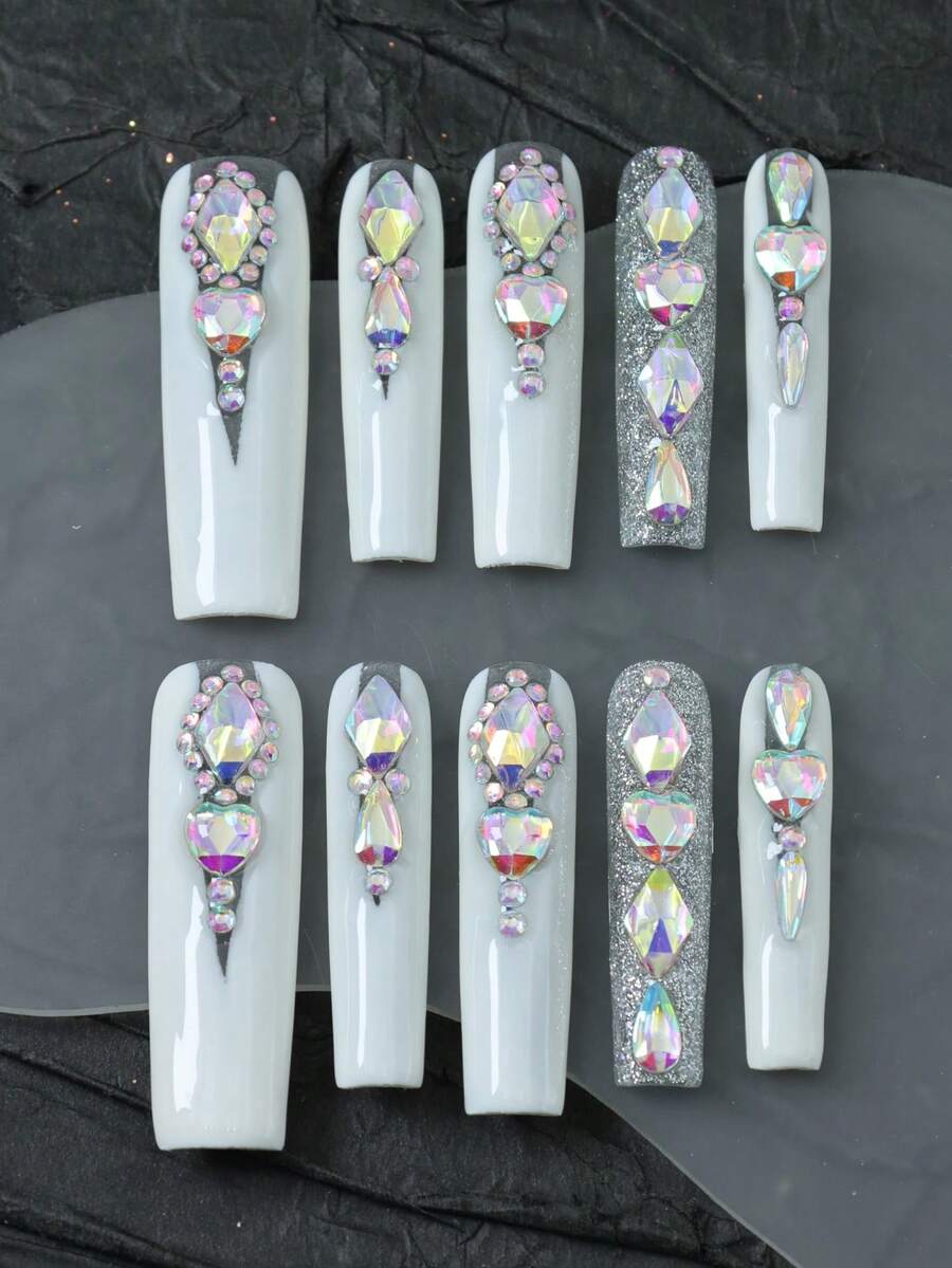 CrystalHola 10片手工制作的法式美甲贴片,亚克力材质,Y2K风格,方形甲片,简约豹纹,闪粉和水钻设计,全覆盖,可拆卸可重复使用,经久耐用,独特的夏季美甲,派对和婚礼必备时尚配饰。 - 彩色 - 查看 1