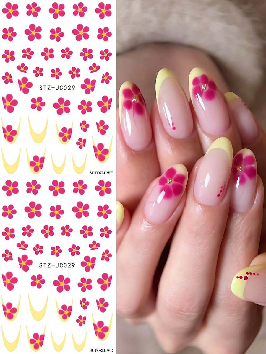 FULL BEAUTY 2片装法式玫瑰红花美甲贴纸,夏日海滩向日葵渐变融合五瓣花黄色法式线条婚礼美甲贴花,女士及女孩DIY美甲用品 - 彩色 - 查看 1