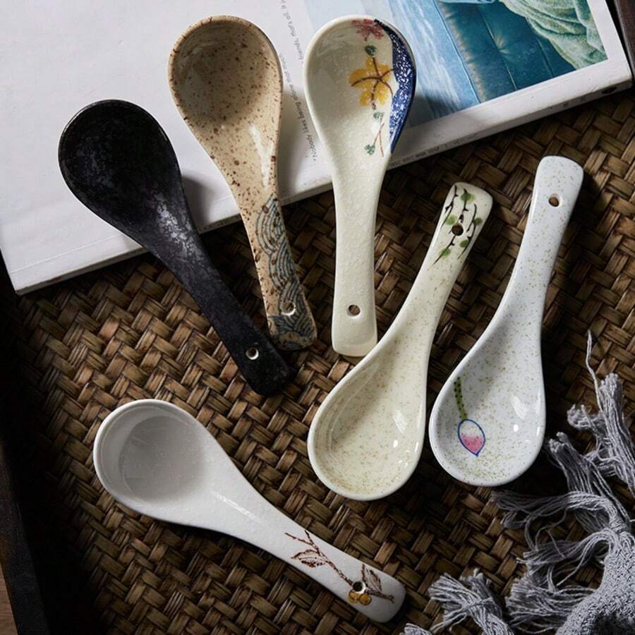 5/6pcs Japanese Style Ceramic Soup Spoons, Household Spoons, Rice Spoons, Dessert Spoons, Coffee Spoons, 6 Different Patterns, Underglaze Design, Microwave And Oven , Suitable For Daily Family Use And Restaurant - View 1