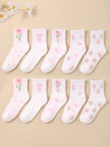 5/10 Pares Aleatórios de Meias com Padrão de Gravata Borboleta de Cor Sólida, Meias com Padrão Floral, Confortáveis, Respiráveis e Macias, Adequadas para Adolescentes, Presente para Crianças, Uso Diário, Todas as Estações - Multicolorido - Visão 2