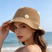 1-Piece Travel Aesthetic Movie-Style Floral Fisherman Hat, Women's Foldable Straw Hat, Suitable For Beach Vacations, Summer Hollow-Out Sun Protection Hat, Outdoor Photo Prop, Portable Sun Hat - Light Brown - View 7