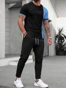 Men's Contrast Color Sports Letter "King" Print Round Neck Short Sleeve Pants Set Summer - Blue - View 1