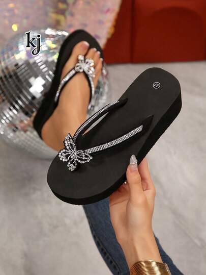 Women's Platform Wedge Sandals, Non-Slip Comfortable Soft Sole With Rhinestone Butterfly Decor, Open Toe Thong Strap Wedge Heel Flip Flops, European And American Luxury Style For Summer Beach, Date, Party, Daily Wear, Black