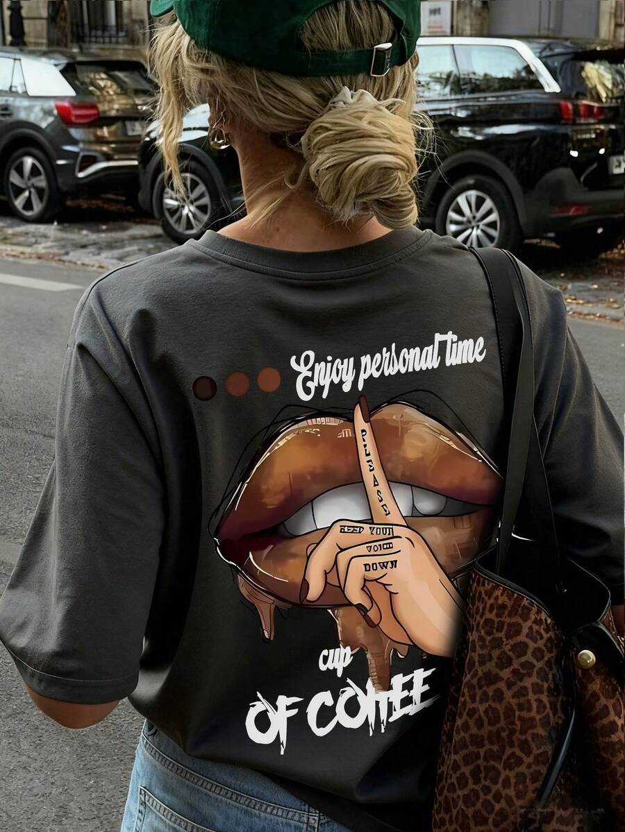 Summer New Simple Fashion Ins Lips Coffee Hand Gesture Print Casual Round Neck Short Sleeve T-Shirt, Versatile And Suitable For Women - Dark Gray - View 1