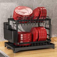 2-Tier Stainless Steel Dish Drying Rack With Knife Holder, Cutting Board Slot And Drip Tray, Suitable For Kitchen Countertop - Black - Multicolor - View 3