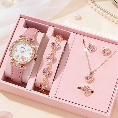 Conjunto de 6 peças femininas rosa com pulseira de couro PU, conjunto de joias de luxo que inclui pulseira, colar, brincos, anel e relógio de quartzo. Ideal para uso diário, esportes e lazer. Lindo e romântico, perfeito para presentear no Dia dos Namorados.