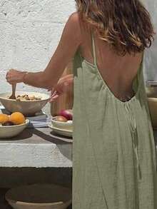 dfgCévolie Vestido largo casual y suelto de verano para mujer con tirantes finos y sin mangas de unicolorafd XUD8 - Verde militar - Ver 2