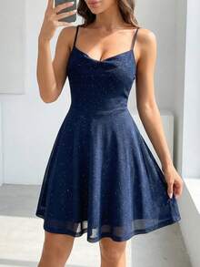 Elegant Glitter Mesh Spaghetti Strap Backless Cocktail Dress, Romantic Valentine's Day, Spring Party, Festival Outfit, Night Out, Birthday Dress Wedding - Navy Blue - View 1