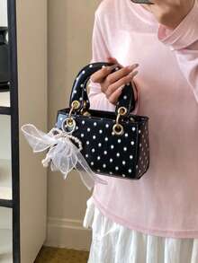 1pc Design New Women's Elegant Handbag, Shoulder Bag, Satchel Bag, Solid Color With Polka Dot Elements, Versatile, Comes With Personalized Lace Pearl Decor, Suitable For Outings, Shopping, Dates, Gifts - Black - View 7